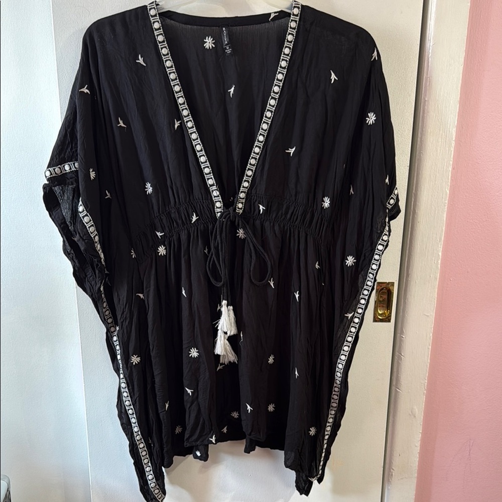 Black Embroidered Kaftan with White Accents